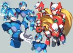  2boys aiming aiming_at_viewer android arm_cannon armor blonde_hair blue_armor blue_eyes blue_helmet chest_jewel cowboy_shot energy_gun forehead_jewel green_eyes grey_background helmet long_hair male_focus mega_man_(series) mega_man_x_(series) multiple_boys ohil_(ohil822) ponytail red_armor red_helmet shoulder_armor upper_body weapon x_(mega_man) x_buster zero_(mega_man) 