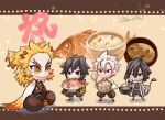  4boys animal black_hair bowl chibi chibi_only demon_slayer_uniform fish heterochromia holding holding_animal holding_bowl holding_fish holding_ladle iguro_obanai kaburamaru kimetsu_no_yaiba krit ladle multiple_boys orange_eyes orange_hair purple_eyes rengoku_kyoujurou rice scar scar_on_face scar_on_forehead scar_on_nose shinazugawa_sanemi smile tomioka_giyuu translation_request white_hair white_mask 