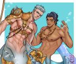 2boys abs absurdres bara beard_stubble character_request coral_island cowboy_shot dark-skinned_male dark_skin facial_hair frown gold grey_hair highres large_pectorals looking_at_viewer male_focus mature_male merman mermay_2023 monster_boy multiple_boys muscular muscular_male mustache navel nipples pectorals scar scar_on_face semeru_(coral_island) short_hair stomach stubble tazahan thick_eyebrows waving 