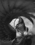  anthro avian beak beast_(disambiguation) bird digital_media_(artwork) feathered_wings feathers female greyscale monochrome pechschwinge solo wings 