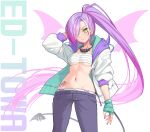  1girl alternate_costume alternate_hairstyle barbell_piercing bibi_(tokoyami_towa) blush breasts chest_sarashi demon_tail ear_piercing gradient_hair green_eyes hair_ornament hairclip hip_tattoo hololive hood hooded_jacket industrial_piercing jacket long_hair looking_at_viewer multicolored_hair multicolored_nails nail_polish navel navel_piercing pants piercing pink_hair ponytail purple_hair sarashi solo stomach streaked_hair tail tail_ornament tail_piercing tokoyami_towa virtual_youtuber white_hair z.m._(zimin) 