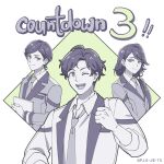  1girl 2boys agano_tsugawa artist_request blazer clipboard collared_shirt countdown hair_behind_ear highres holding holding_clipboard iwamizawa_sorachi jacket long_hair looking_at_viewer low_ponytail multiple_boys necktie ochiai_miyoshi official_art shinkalion:_change_the_world shinkalion_(series) shirt short_hair smile 