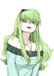  c.c. code_geass cosplay creayus eyewear_on_head green_hair jewelry long_hair macross macross_frontier necklace off_shoulder sheryl_nome sheryl_nome_(cosplay) visible_ears yellow_eyes 