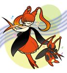  1girl arthropod_girl black_cape blush_stickers cape closed_eyes dress full_body hair_bobbles hair_ornament kricketune long_hair musical_note orange_dress orange_footwear orange_hair personification pokemon pokemon_(creature) staff_(music) torigarasi twintails 