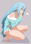  1girl aqua_(konosuba) aqua_shirt barefoot blue_eyes blue_hair blush bottomless breasts cleavage collarbone commentary_request eyelashes full_body hand_on_own_chin hand_on_own_stomach hand_up kono_subarashii_sekai_ni_shukufuku_wo! leaning_forward legs long_hair looking_to_the_side low-tied_long_hair medium_breasts open_mouth pajamas revision salpin shadow shirt sidelocks simple_background solo squatting toes very_long_hair 
