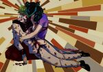  1boy 1girl black_hair blood crying death double_bun facing_down green_hair hair_bun higashikata_jobin higashikata_kato highres injury jojo_no_kimyou_na_bouken jojolion kneeling mother_and_son on_ground on_lap spoilers swampland tears 