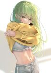  1girl absurdres blush breasts budgiepon c.c. clothes_lift code_geass commentary covered_mouth cowboy_shot crossed_arms crossed_bangs dolphin_shorts eyelashes eyes_visible_through_hair green_hair grey_shorts hair_between_eyes hands_up highres lifted_by_self long_hair looking_at_viewer medium_breasts midriff navel nose scar scar_on_stomach shorts sidelighting signature simple_background solo sports_bra stomach straight_hair sweater sweater_lift translated very_long_hair white_background yellow_eyes yellow_sweater 