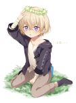  1boy :o aged_down arm_support arm_up aventurine_(honkai:_star_rail) bandaged_arm bandages black_hoodie black_socks blonde_hair blue_eyes blush brown_pants child commentary crossed_bangs flower flower_wreath grass hair_between_eyes hand_on_own_head head_wreath honkai:_star_rail honkai_(series) hood hood_down hoodie long_sleeves male_focus multicolored_eyes off_shoulder open_clothes open_hoodie open_mouth pants purple_eyes sakuya_990331 shirt short_hair sidelocks simple_background sitting socks solo torn_clothes torn_shirt translation_request wariza white_background white_flower white_shirt 