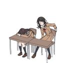  2girls a_jak bang_dream! bang_dream!_it&#039;s_mygo!!!!! black_hair black_socks brown_dress brown_footwear brown_hair chair closed_eyes closed_mouth desk dress hanasakigawa_school_uniform head_on_arm kneehighs long_hair long_sleeves multiple_girls neck_ribbon red_ribbon ribbon sailor_collar school_chair school_desk school_uniform shiina_taki simple_background sitting sleeping socks white_background white_sailor_collar yahata_umiri 