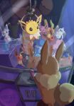  arcade character_doll character_name chufflepop crane_game eevee english_commentary espeon flareon glaceon highres indoors jolteon leafeon pokemon pokemon_(creature) reflection sylveon umbreon vaporeon 