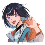  1boy black_hair blue_hair blue_jacket ensemble_stars! grey_background hitumeji jacket long_sleeves looking_at_viewer male_focus medium_hair multicolored_clothes multicolored_jacket open_mouth orange_jacket pixiv_username purple_eyes sagiri_esu shirt smile solo teeth twitter_username white_jacket white_shirt 