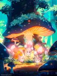  ^_^ black_eyes closed_eyes commentary_request ekm forest giant_mushroom glowing highres hopping morelull mushroom nature no_humans outdoors pokemon pokemon_(creature) shadow solid_oval_eyes tree u_u 