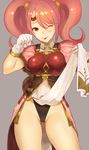  ;p ass_visible_through_thighs bare_legs blush breastplate cameltoe cape circlet commentary_request cowboy_shot dress eyebrows fire_emblem fire_emblem_echoes:_mou_hitori_no_eiyuuou fire_emblem_heroes hair_between_eyes highleg highres mae_(fire_emblem) one-piece_swimsuit one_eye_closed panties pink_hair red_eyes simple_background sleeveless sleeveless_dress solo swimsuit tabard tabard_lift tanakananataka3 tongue tongue_out twintails underwear 