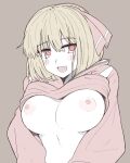  1girl :d blonde_hair blush breasts breasts_out brown_background chijo clothes_lift commentary cookie_(touhou) fang hair_between_eyes hair_ribbon highres hood hood_down hoodie large_breasts lifted_by_self long_sleeves looking_at_viewer nadeko_(cookie) nipples no_bra oomiya_(nicoseiga96593860) open_mouth pink_hoodie pink_ribbon red_eyes ribbon rumia short_hair simple_background skin_fang smile solo touhou upper_body 