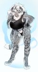  absurd_res anthro big_breasts blue_eyes breasts clothed clothing felid female fur grey_body grey_fur hair hi_res kyuuoku mammal markings pantherine simple_background snow_leopard solo spots spotted_body spotted_fur tail white_body white_fur white_hair 