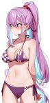  1girl bikini blue_hair blush breasts character_request check_character check_copyright cleavage colored_inner_hair copyright_request cowboy_shot hair_ribbon highres iriam large_breasts looking_to_the_side multicolored_hair navel nose_blush purple_bikini purple_eyes purple_hair red_ribbon ribbon shiori_ichika side-tie_bikini_bottom simple_background solo swimsuit white_background yuuzuki_(re&#039;ef) 