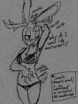  2024 2_horns angel_hare anthro antlers armpit_sniffing biped bodily_fluids bra breasts clothed clothing demon dialogue english_text eyebrows female front_view horn jackalope lagomorph leporid lucy_(soulcentinel) mammal monochrome one_eye_closed panties rabbit scratching scut_tail short_tail simple_background sketch sniffing sniffing_self solo soulcentinel standing tail tears teeth text the_east_patch underwear underwear_only 