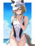  1girl animal_ears blue_sky brown_hair cheval_grand_(umamusume) cloud competition_swimsuit day highres horse_ears horse_girl looking_at_viewer ocean one-piece_swimsuit outdoors short_hair sky solo swimsuit tsukiyuki_mike umamusume white_one-piece_swimsuit 