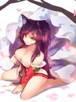  ahri animal_ears bare_legs bare_shoulders barefoot black_hair breasts chiroru_(cheese-roll) cleavage commentary fang feet fox_ears fox_girl fox_tail full_body highres korean_clothes large_breasts league_of_legends long_hair long_sleeves looking_at_viewer low_neckline off_shoulder ponytail seiza sitting smile tail very_long_hair whisker_markings yellow_eyes 