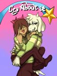  2024 2_horns 5_fingers accessory adopted_(lore) ambiguous_gender ambiguous_human anthro arm_around_neck asriel_dreemurr blue_background blue_eyes boss_monster_(undertale) bottomwear brown_bottomwear brown_clothing brown_footwear brown_hair brown_pants brown_shoes carrying_another carrying_partner chara_(undertale) claws clothed clothed_ambiguous clothed_anthro clothed_human clothed_male clothing deathheadmoth00 deltarune duo embrace english_text fake_horns finger_claws fingernails fingers flesh_fang footwear fur gesture gradient_background green_clothing green_sweater green_topwear hair hair_accessory hair_over_eyes hairband half-closed_eyes hand_gesture hand_on_back hand_on_butt hand_on_shoulder head_tuft head_turned hi_res horn human kris_(deltarune) leg_wrap long_sleeves looking_at_viewer male male/ambiguous male_anthro mammal matching_outfits medium_hair middle_finger multicolored_clothing multicolored_sweater multicolored_topwear nails narrowed_eyes pants pink_background pink_tongue pseudo_incest_(lore) purple_background red_hairband romantic romantic_couple shoe_soles shoes sibling_(lore) side_view simple_background smile smirk sweater tail tan_clothing tan_sweater tan_topwear teeth text tongue tongue_out topwear tuft two_tone_clothing two_tone_sweater two_tone_topwear undertale undertale_(series) white_body white_claws white_ears white_fur white_horn white_tail white_text 