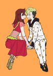  1boy 1girl brown_hair couple cracked_skin green_hair higashikata_jobin higashikata_mitsuba highres husband_and_wife jojo_no_kimyou_na_bouken jojolion noses_touching orange_background sitting smile swampland tears 