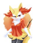 4:5 absurd_res anthro blush braixen branch canid canine clothed clothing ejaculation female feral fluffy_hinu fox fur generation_6_pokemon hands-free hi_res inner_ear_fluff looking_at_viewer mammal multicolored_body multicolored_fur nintendo open_mouth open_smile pokemon pokemon_(species) red_clothing red_eyes smile solo tuft two_tone_body two_tone_fur white_body white_fur yellow_body yellow_ears yellow_fur