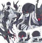  1girl ? animate_object black_bodysuit black_lips black_mask blush bodysuit breasts chain chibi cleavage colored_skin covered_eyes demon_girl digimon digimon_(creature) excited fangs grey_skin heart heart_in_mouth highres ladydevimon large_breasts multiple_views red_eyes sharp_teeth simple_background skull_print smug stitches teeth torn_bodysuit torn_clothes v white_background white_hair zocehuy 