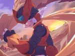  1boy armor battle_damage black_eyes blonde_hair cloud desert forehead helmet highres holding_cloak ishigaki_(sora_roxas) long_hair looking_at_viewer male_focus mega_man_(series) mega_man_zero_(series) red_armor red_helmet solo sunset twitter_username upper_body zero(z)_(mega_man) zero_(mega_man) 