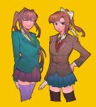  2girls blush brown_hair brown_jacket chidouin_sara chidouin_sara_(cosplay) cosplay cowboy_shot doki_doki_literature_club helado_jpg high_ponytail highres jacket kimi_ga_shine long_hair look-alike looking_at_viewer monika_(doki_doki_literature_club) monika_(doki_doki_literature_club)_(cosplay) multiple_girls open_mouth orange_hair pleated_skirt purple_eyes school_uniform sidelocks simple_background skirt sonobeno_school_uniform thighhighs very_long_hair yellow_background 