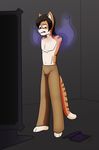  amputee anthro armless black_hair cat clothed clothing feline fur hair jasentamiia magic male mammal pants simple_background solo topless white_fur 