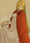  1girl blonde_hair braid brown_background closed_eyes copyright_name dated dress feet_out_of_frame final_fantasy final_fantasy_tactics holding holding_clothes holding_dress knife mossarish ovelia_atkascha red_robe robe smile solo twitter_username white_dress 