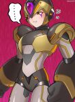  ... 1boy annoyed armor black_armor black_helmet blurry blurry_background blurry_foreground brown_eyes clenched_hands cowboy_shot facial_mark gold_armor gold_helmet helmet highres mega_man_(series) mega_man_x_(series) nenndo100 parted_lips pink_background solo speech_bubble twitter_username x-kai_(mega_man) 