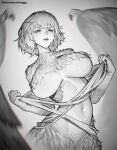  1girl artist_name breasts chimera constricted_pupils dungeon_meshi falin_touden falin_touden_(chimera) feathered_wings greyscale highres large_breasts looking_at_viewer midriff monochrome monster_girl navel parted_lips scales shamelessfroggy short_hair simple_background slit_pupils solo taur wings 