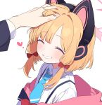  1boy 1girl ^_^ absurdres animal_ear_headphones animal_ears aqua_necktie blonde_hair blue_archive blush bow cat_ear_headphones cat_ears closed_eyes fake_animal_ears hair_bow halo hand_on_another&#039;s_head headphones heart hetero highres hiroikara_(smhong04) hood hooded_jacket jacket momoi_(blue_archive) necktie out_of_frame sensei_(blue_archive) shirt sidelocks simple_background smile solo_focus upper_body white_background white_shirt 