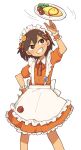  1boy alternate_costume arm_up brown_eyes brown_hair doroidsan enmaided food grin hand_on_own_hip highres index_finger_raised kel_(faraway)_(omori) kel_(omori) maid maid_headdress omelet omori omurice parted_lips plate short_hair short_sleeves simple_background smile solo teeth white_background 