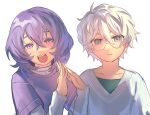  2boys androgynous babykatafan blue_eyes closed_mouth ensemble_stars! green_undershirt grey_background grey_shirt hanamura_fuyume highres long_sleeves looking_at_viewer male_focus multiple_boys natsu_kanna open_mouth purple_eyes purple_hair purple_shirt shirt short_hair smile teeth white_hair white_undershirt 