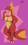 antennae_(anatomy) big_pecs claws dinosaur dorsal_frill ear_fins feral fin frill_(anatomy) godzilla_(series) hand_on_hip hi_res kaiju male marine neck_frill pbjamsandwich_(artist) pecs pupils red_body red_scales reptile scales scalie simple_background slit_pupils solo tail tail_fin thick_thighs titanosaurus_(godzilla) toho