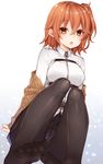  :o bangs black_skirt blush breasts brown_eyes brown_hair cardigan chaldea_uniform commentary_request convenient_leg crossed_bangs dutch_angle eyebrows_visible_through_hair fate/grand_order fate_(series) feet fujimaru_ritsuka_(female) hair_between_eyes hair_ornament hair_scrunchie half-closed_eyes highres legs looking_at_viewer medium_breasts miniskirt open_cardigan open_clothes open_mouth orange_scrunchie pantyhose ripu_(sherypton) scrunchie side_ponytail sidelocks sitting skirt soles solo thighs toes uniform upskirt 