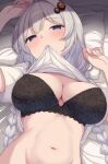  1girl ahoge b.c bed biting biting_clothes black_bra blue_eyes blush bra braid breasts cleavage clothes_lift commentary_request floral_print grey_hair hair_ornament highres kizuna_akari large_breasts lifted_by_self long_hair looking_at_viewer navel on_bed pillow print_bra shirt shirt_lift solo twin_braids underwear upper_body very_long_hair voiceroid white_shirt 