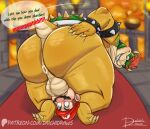 anthro anus armband balls big_butt big_dom_small_sub blurred_background bowser butt cheek_bulge collar daichi_akimichi dialogue dominant duo english_text forced forced_oral genitals hair hand_on_butt headlock hi_res human irrumatio koopa looking_back male male/male male_penetrated male_penetrating male_penetrating_male mammal mario mario_bros nintendo oral oral_penetration overweight overweight_anthro overweight_dom overweight_male penetration penile penile_penetration puffy_anus rear_view red_hair scales scalie sex shell size_difference spiked_armband spiked_collar spiked_shell spikes spikes_(anatomy) text thick_thighs wide_eyed yellow_body yellow_scales
