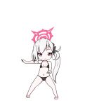  1girl :3 barefoot bikini black_bikini blue_archive chads_dancing_to_california_gurls_(meme) chibi closed_mouth dancing full_body grey_hair halo highres long_hair looking_at_viewer meme mutsuki_(blue_archive) navel purple_eyes red_halo senkou_(shippai_shoukan) side_ponytail smile solo standing swimsuit 