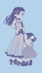  1boy 1girl blue_background child crossdressing dress height_difference higashikata_mitsuba higashikata_tsurugi highres holding_hands jojo_no_kimyou_na_bouken jojolion looking_at_viewer mi-mi-o monochrome mother_and_son origami otoko_no_ko see-through see-through_skirt skirt 