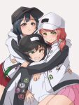  :t alternate_hairstyle black_hair black_hat blush commentary_request fang gradient_hair green_eyes green_hair grey_eyes hand_on_another&#039;s_back hat hood hooded_jacket hug hug_from_behind jacket leaning_forward long_hair looking_at_viewer love_live! love_live!_nijigasaki_high_school_idol_club medium_hair momo_mochi_(favk5328) multicolored_hair pink_hair pink_skirt pleated_skirt pout red_skirt shirt sidelocks sitting sitting_on_person skirt smile takasaki_yu twintails uehara_ayumu upper_body white_background white_hat white_jacket white_shirt yellow_eyes yuki_setsuna_(love_live!) 