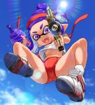  1girl :d aiming aiming_at_viewer blue_sky blush breasts burst_bomb_(splatoon) buruma clothes_lift english_commentary fangs full_body gym_shirt gym_uniform hair_bun hairband holding holding_weapon ikachangenema inkling inkling_girl inkling_player_character lens_flare midair mixed-language_commentary multicolored_footwear open_mouth paid_reward_available pointy_ears purple_eyes purple_hair red_buruma red_hairband shirt shirt_lift shoes short_sleeves sky smile sneakers solo splash-o-matic_(splatoon) splatoon_(series) stomach suction_cups sweat tentacle_hair underboob v-shaped_eyebrows weapon white_footwear white_shirt 