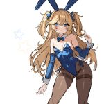  1girl alternate_costume animal_ears bare_shoulders blonde_hair blue_bow blue_eyes bow breasts cowboy_shot cuffs girls&#039;_frontline highres pantyhose playboy_bunny r_scrubed rabbit_ears sketch solo standing super-shorty_(girls&#039;_frontline) twintails 