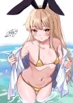  1girl alternate_costume bikini blonde_hair blush breasts calin collarbone gold_bikini hairband highres kantai_collection long_hair looking_at_viewer navel open_clothes open_mouth shimakaze_(kancolle) small_breasts solo stomach swimsuit yellow_eyes 