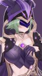  1girl absurdres blush breasts bwcloud cicin_mage_(genshin_impact) cloak commentary_request delusion_(genshin_impact) electro_cicin_mage_(genshin_impact) eye_mask fur_cuffs fur_trim genshin_impact green_hair highres hood hood_up hooded_cloak large_breasts leotard long_sleeves looking_at_viewer purple_background purple_cloak purple_leotard purple_mask short_hair simple_background 