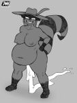absurd_res anthro big_breasts bodily_fluids breasts canid canine clothing cum cum_inflation cum_inside cum_on_ground digital_media_(artwork) evangeline_(ratchetsly) excessive_cum excessive_genital_fluids female genital_fluids hair hat hat_only headgear headgear_only headwear headwear_only hi_res huge_breasts inflation leaking_cum mammal mostly_nude navel nipples nude procyonid psychoticwalrus raccoon simple_background sketch smile solo tail thick_thighs