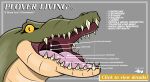 advertisement anthro bodily_fluids crocodile crocodilian crocodylid drooling eyelashes female feral hi_res humor nile_crocodile open_mouth reptile saliva scales scalie smile solo str8aura-no-not-that-one teeth text throat uvula yellow_eyes