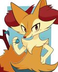  2023 4_fingers absurd_res ambiguous_gender anthro black_body black_fur blue_background blush braixen closed_smile ear_tuft fingers food fruit fur generation_6_pokemon hand_on_hip hi_res honeycrud leaf looking_at_viewer mouth_closed multicolored_body multicolored_fur nintendo oran_berry orange_eyes plant pokemon pokemon_(species) pokemon_berry red_body red_fur simple_background smile snout solo standing stick_in_tail tuft white_background white_body white_fur yellow_body yellow_fur 